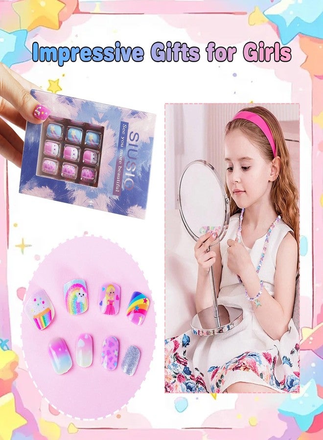 SIUSIO 6 Pack Press on Nails kids Children Acrylic Fake Nails Cute Pre-glue Full Cover Gradient Color Rainbow Short Stick On False Nail Art Kits Set for Kids Little Girls - Rainbow Dream - Image 2